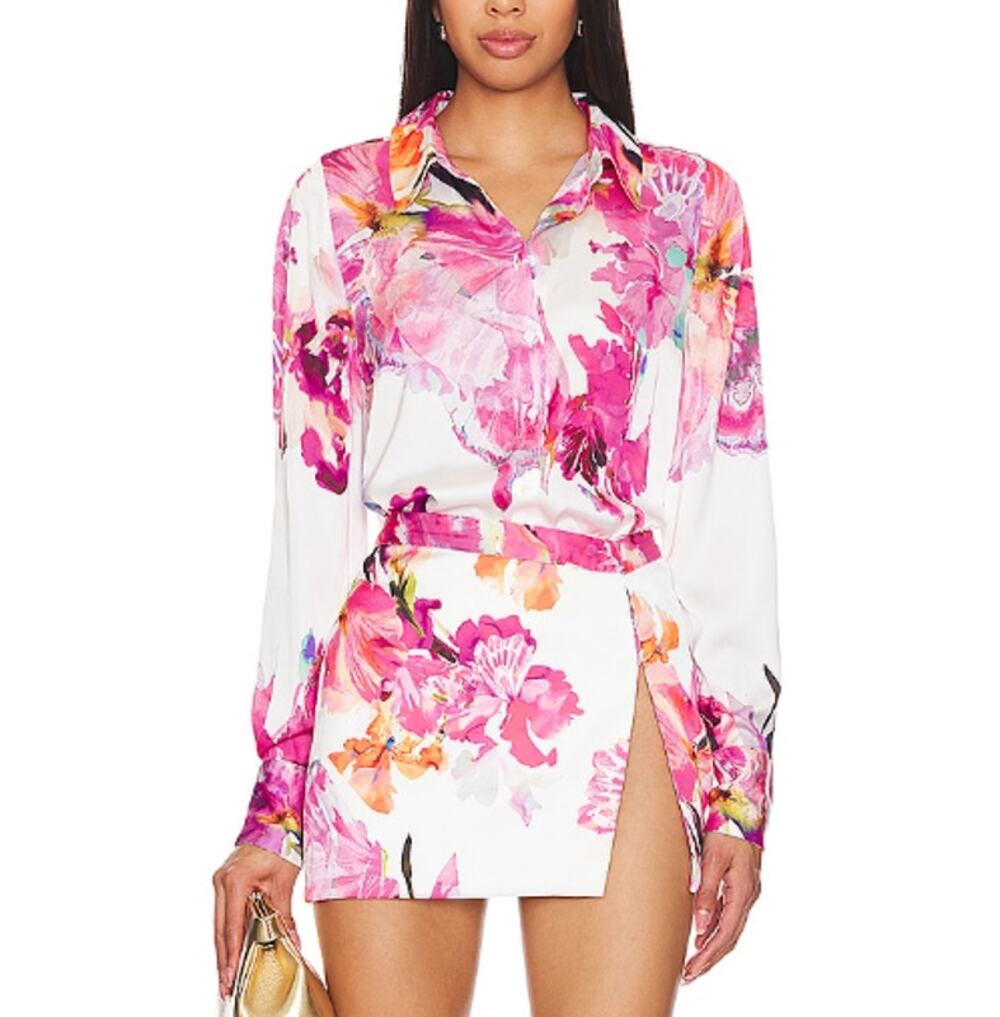 Rococo Sand Women's White Pink Floral Button Front Shirt Size S